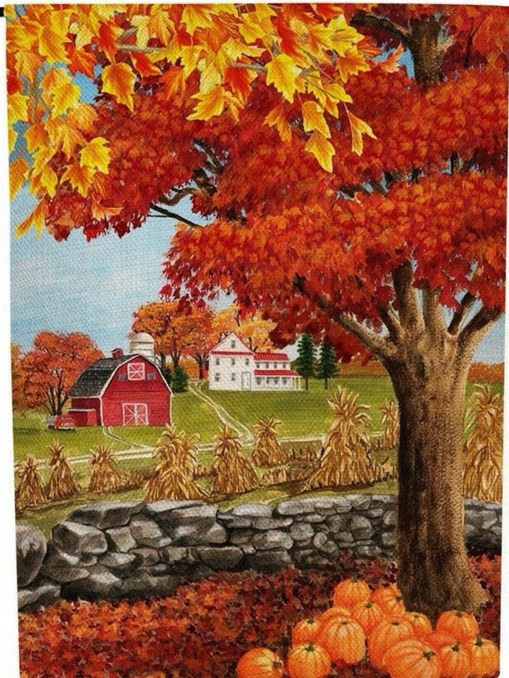 Autumn Farmhouse garden flag- Red Orange Fall Scene